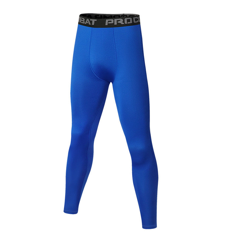 Blue compression leggings with black waistband on a white background