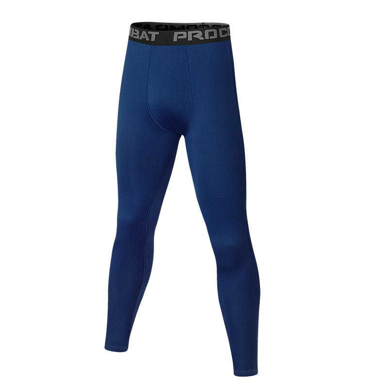 Blue compression leggings with black waistband on a white background