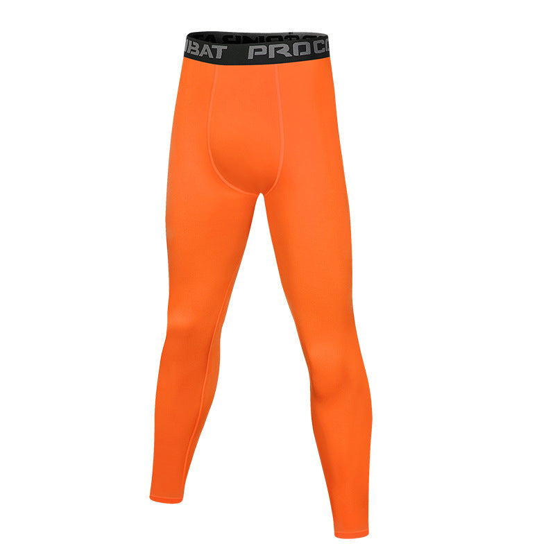 Orange compression leggings with black waistband on a white background