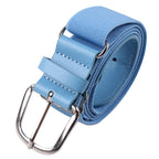 Light blue belt with silver buckle on a white background