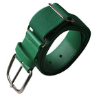 Green belt with silver buckle on a white background