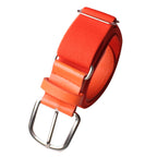 Orange belt with a silver buckle on a white background