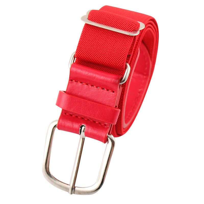 Red belt with a silver buckle on a white background