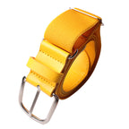 Yellow belt with a silver buckle on a white background