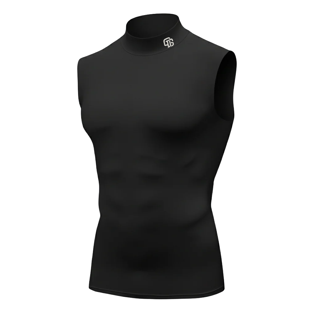 Black sleeveless compression shirt on a white background