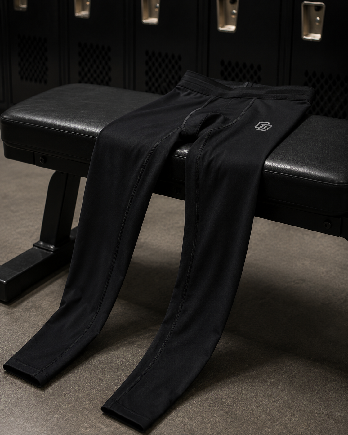 Black pants draped over a black bench in a locker room setting
