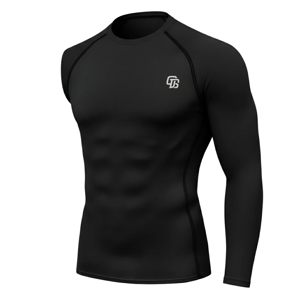 Black long-sleeve athletic shirt with a logo on a white background