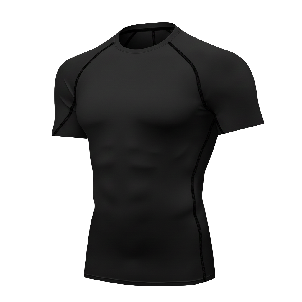 Black athletic shirt with short sleeves on a white background