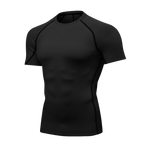 Black athletic shirt with short sleeves on a white background