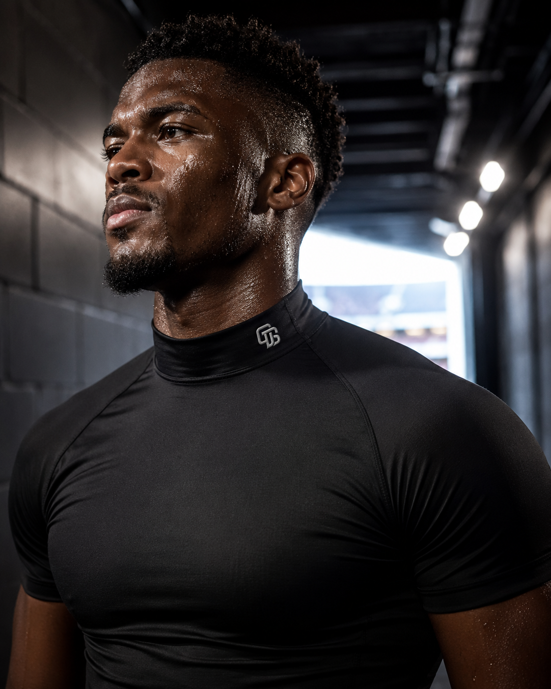 Man wearing a black athletic shirt with a logo in an indoor setting