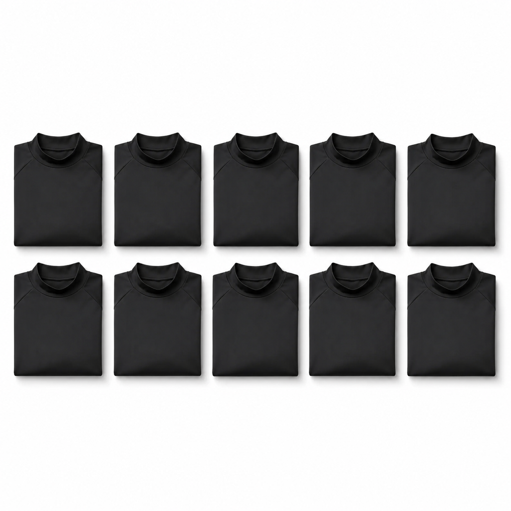 Black mock neck compression shirt 10-pack folded in grid layout