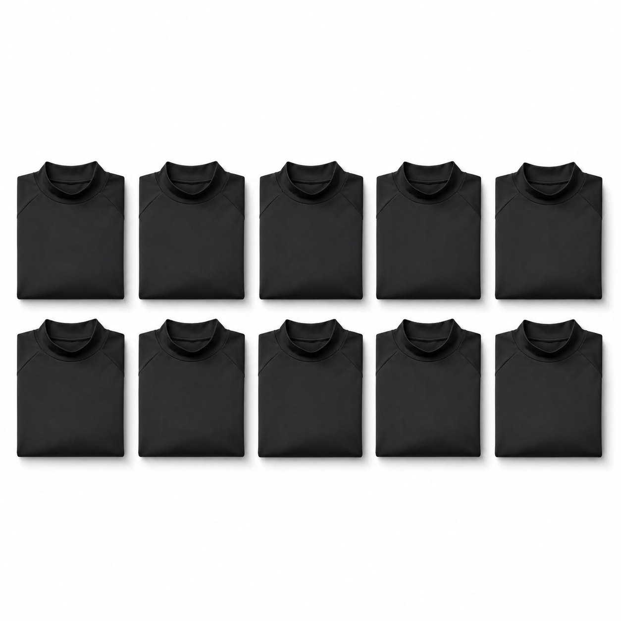 Black mock neck compression shirt 10-pack folded in grid layout