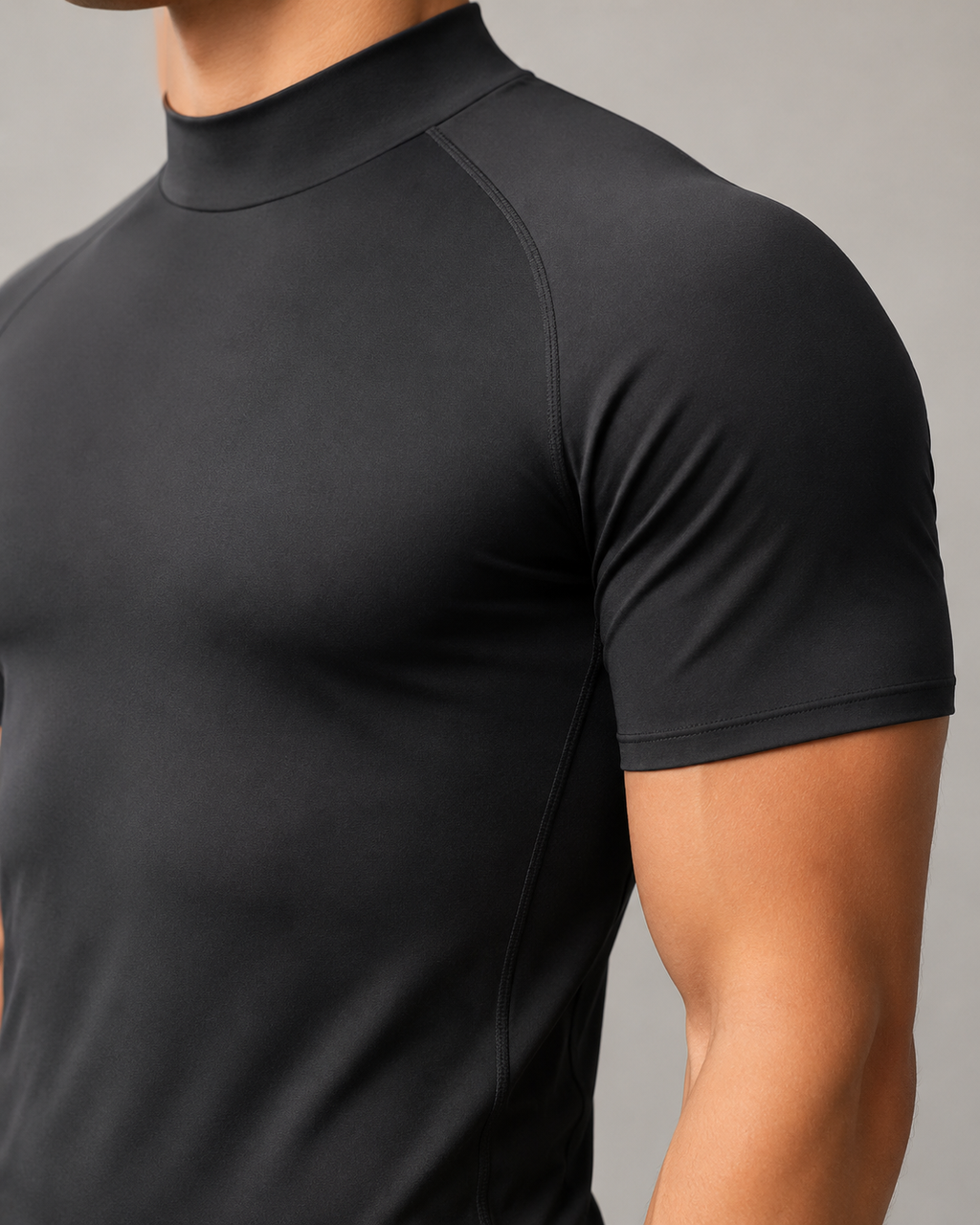 Black mock neck compression shirt front and back view