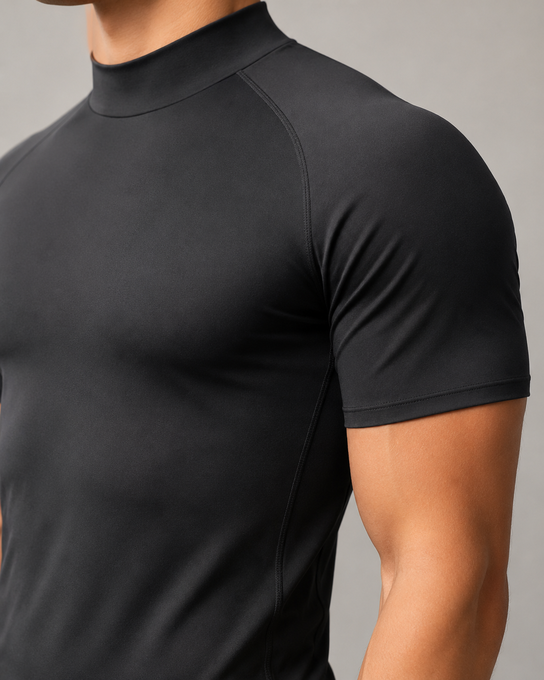 Black mock neck compression shirt front and back view