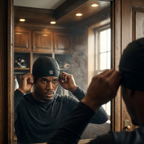 Person adjusting a headband in front of a mirror with text 'For Athletes Who Expect More'.
