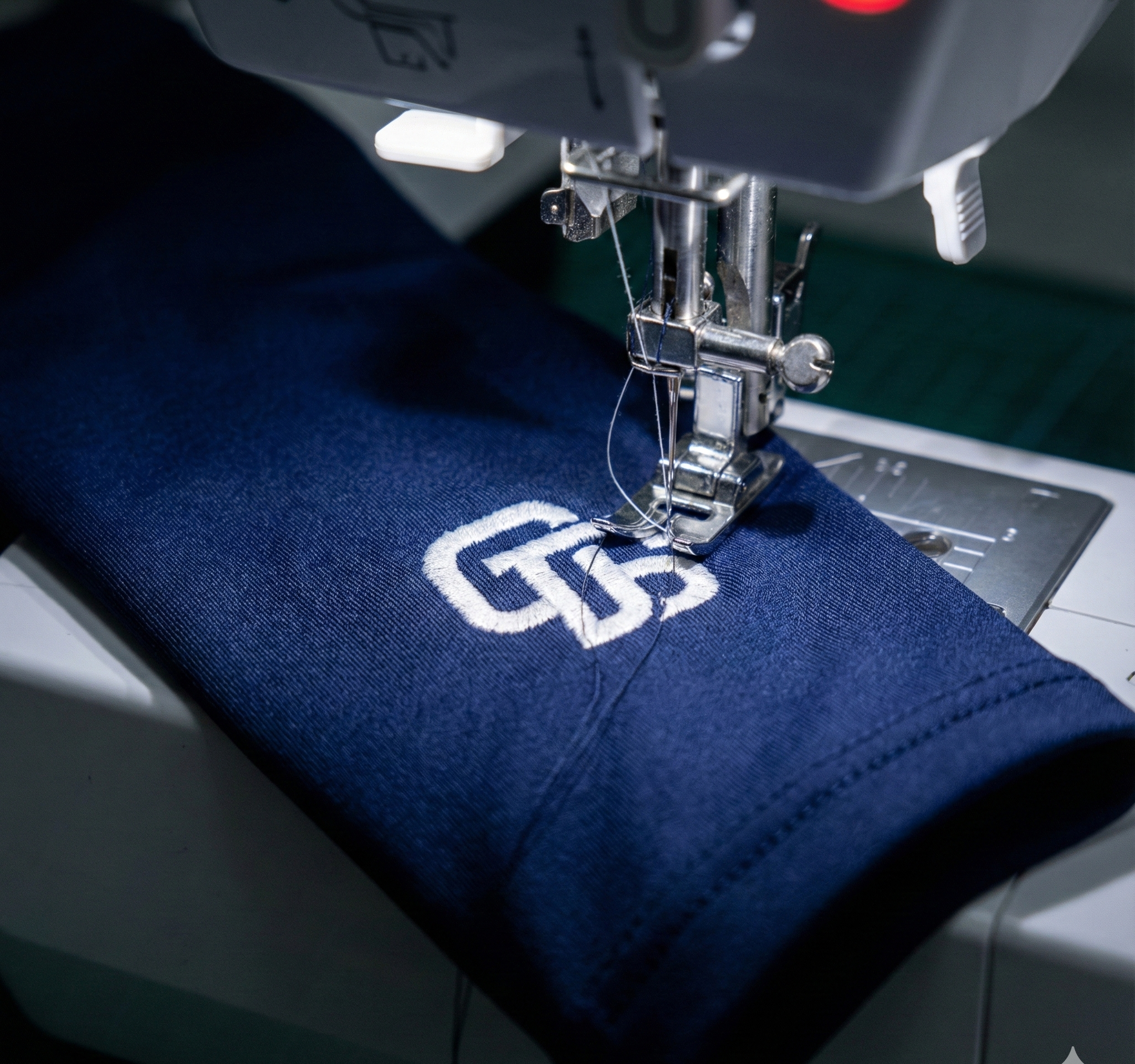 Sewing machine stitching a logo onto a piece of blue fabric