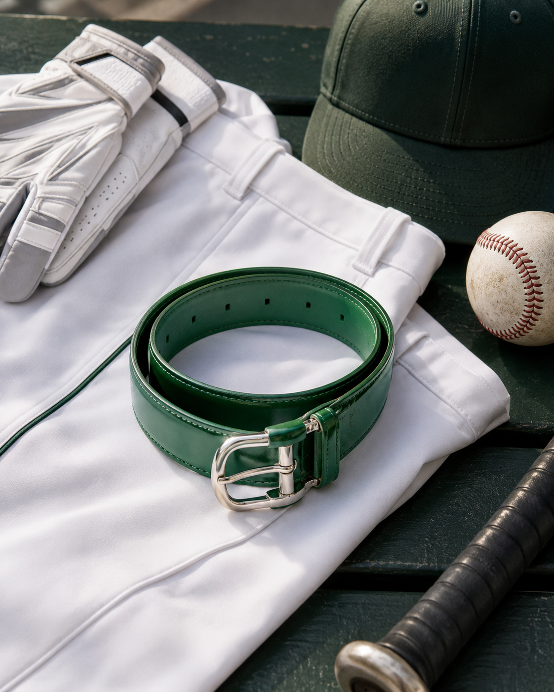Green belt on white pants with a baseball and bat on a green surface