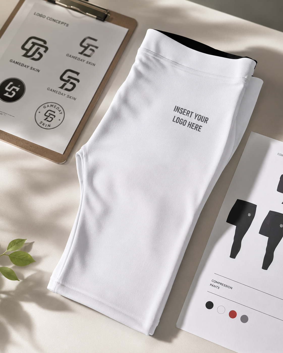 White t-shirt with customizable logo area on a light surface with design concepts.