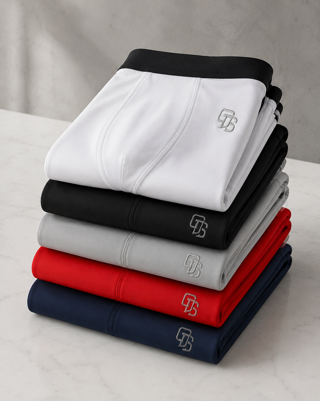 Stack of folded pants in black, white, gray, red, and navy on a light surface with a neutral background.