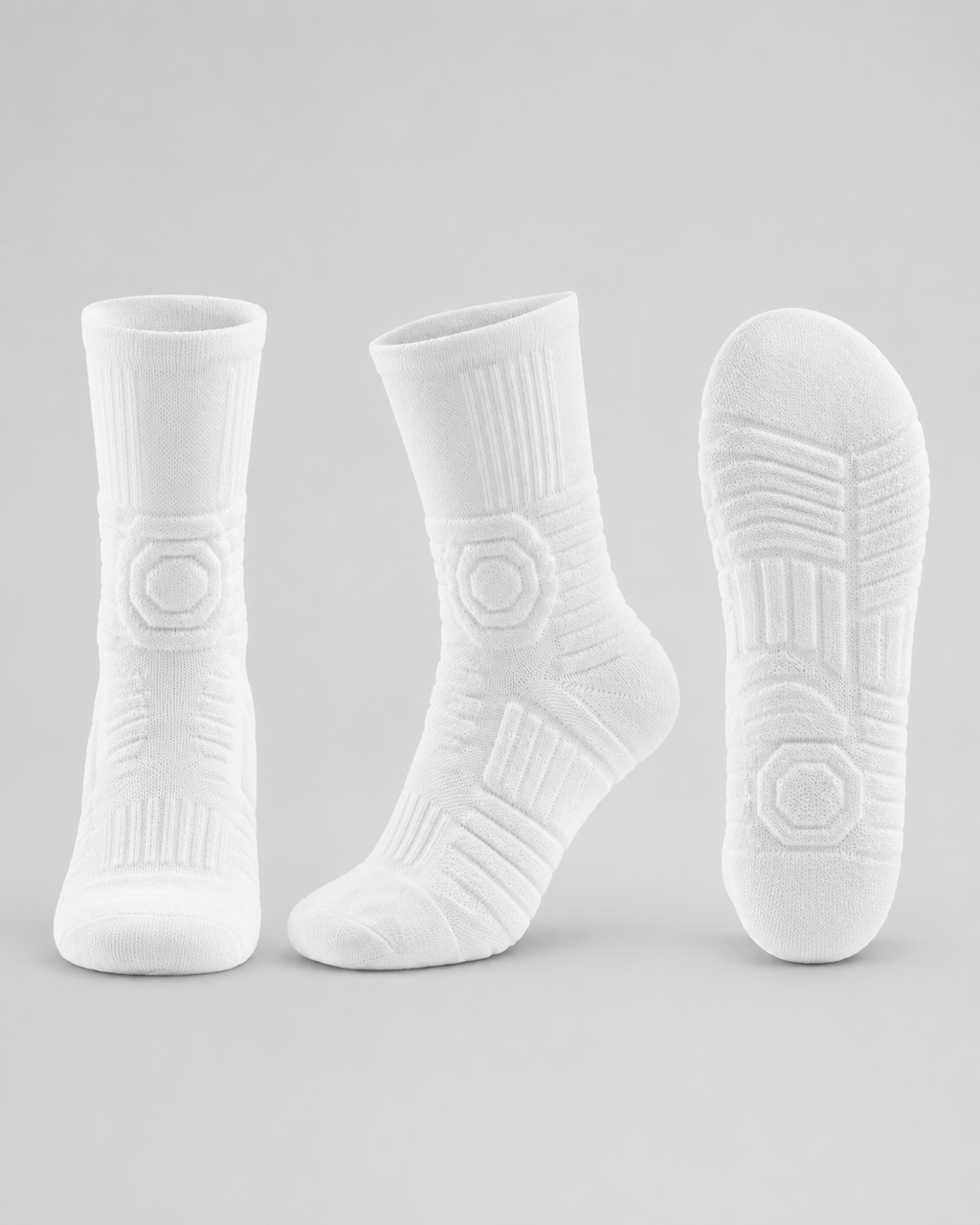 GameDay Skin white athletic sock front side and bottom view showing cushioned support