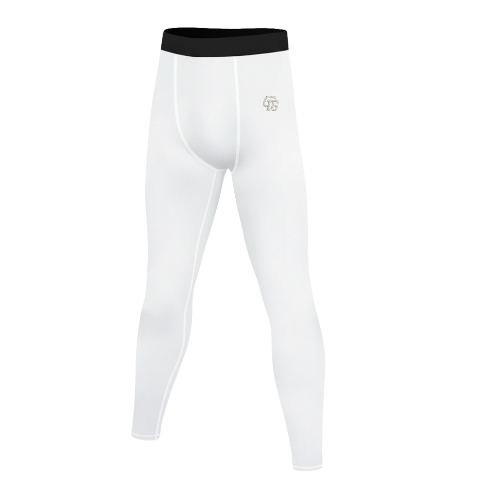 White compression leggings with black waistband on a white background