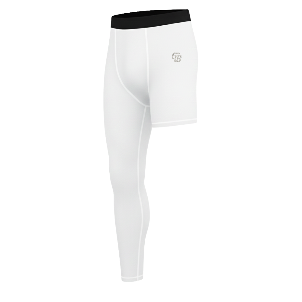 White athletic leggings with black waistband on a white background