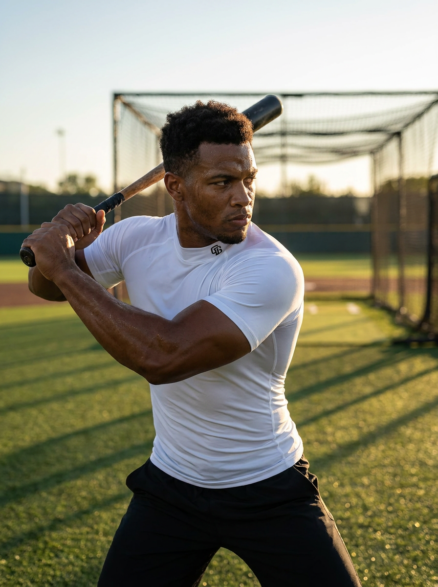 Man in white shirt and black pants holding a baseball bat on a field