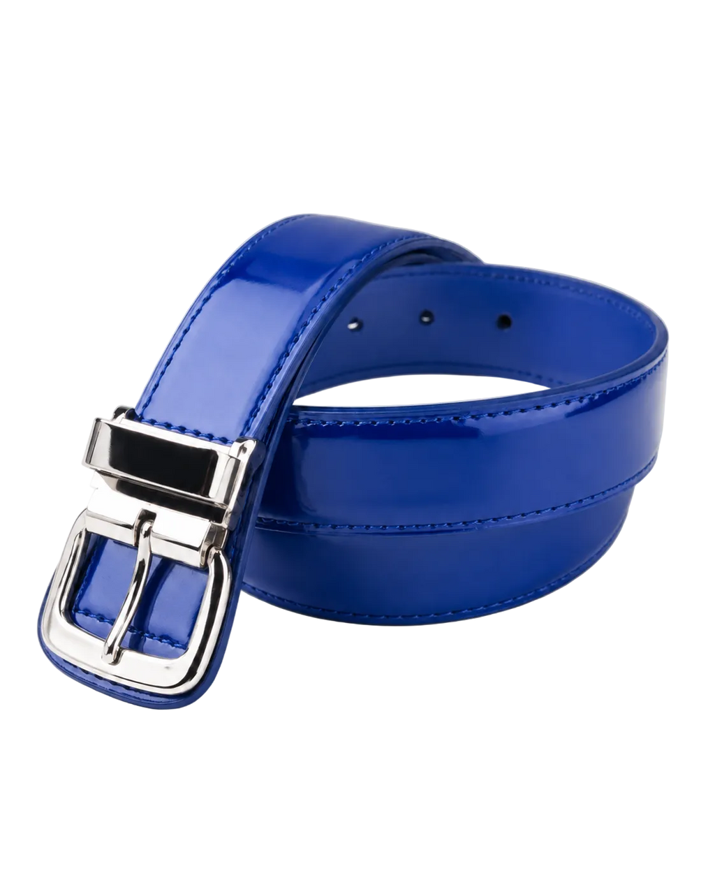 Blue belt with a silver buckle on a light gray background