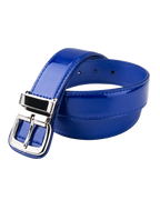 Blue belt with a silver buckle on a light gray background