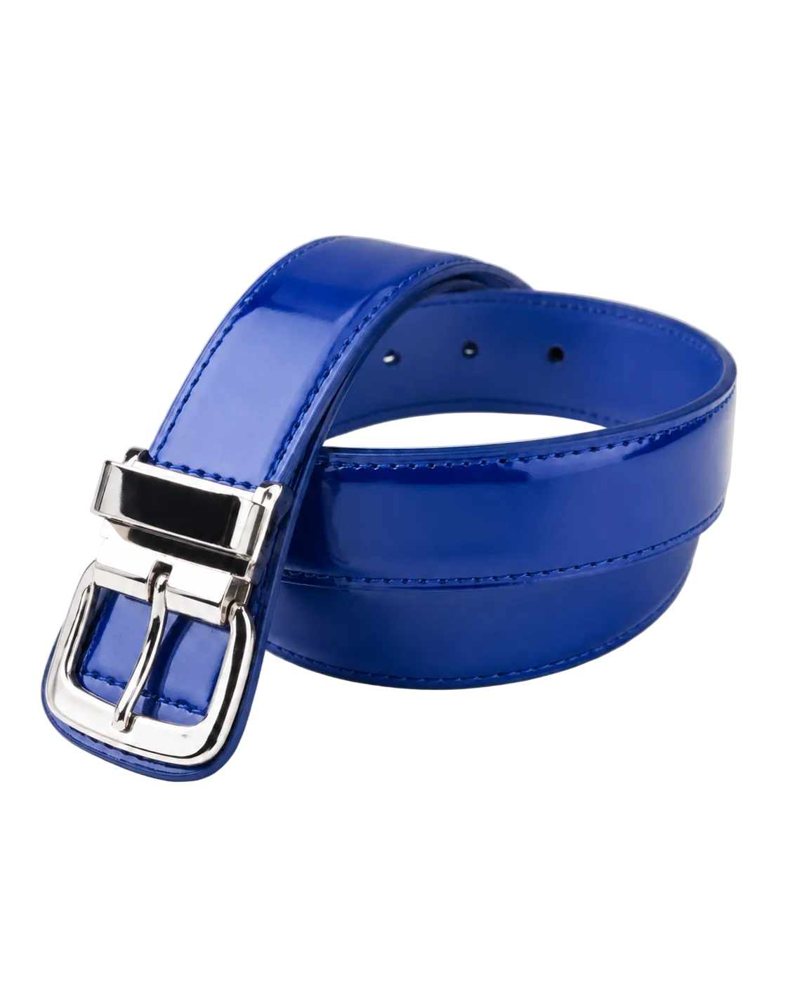 Blue belt with a silver buckle on a light gray background