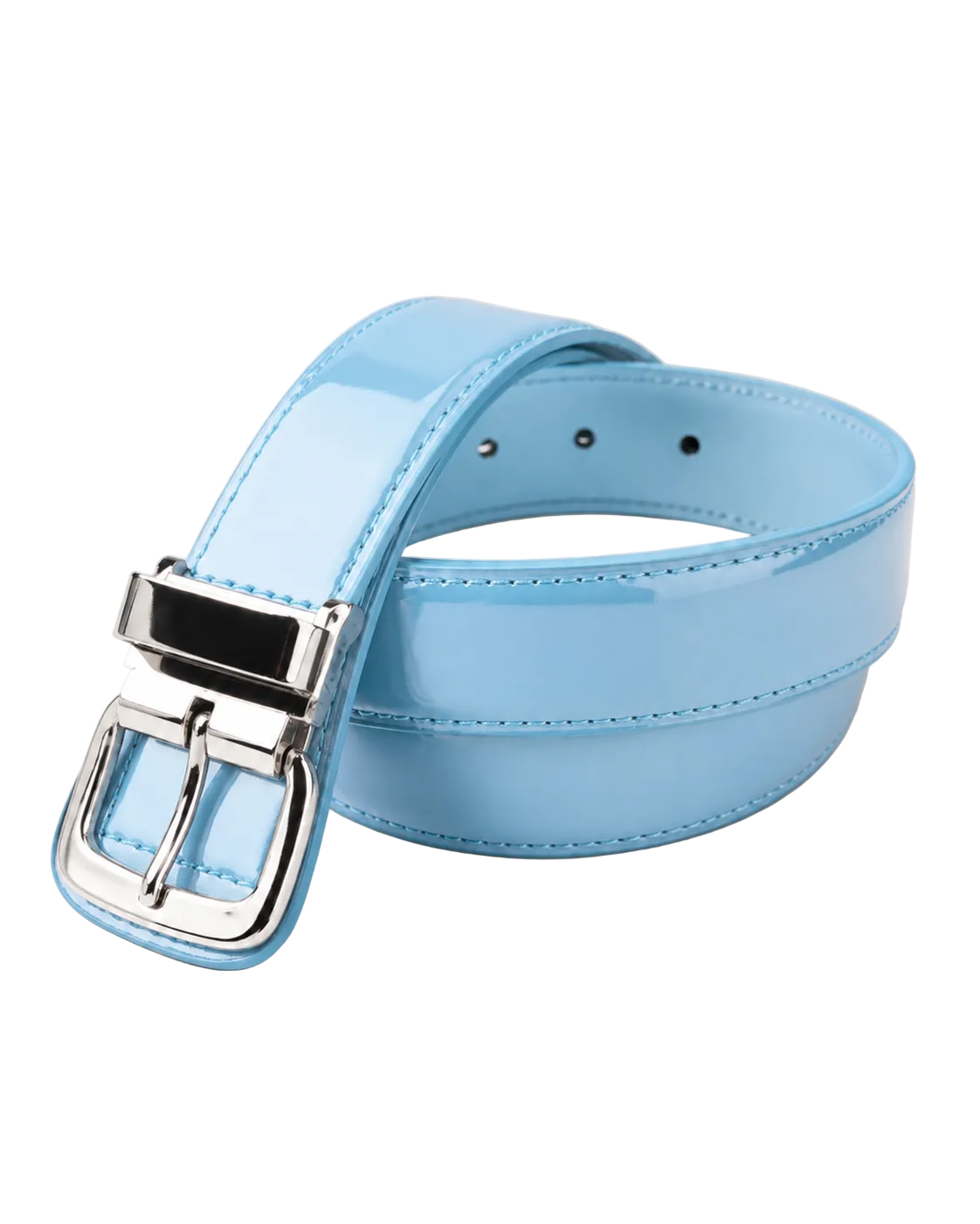Light blue belt with a silver buckle on a white background