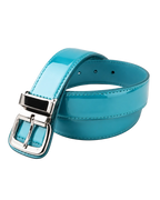 Turquoise belt with a silver buckle on a light gray background