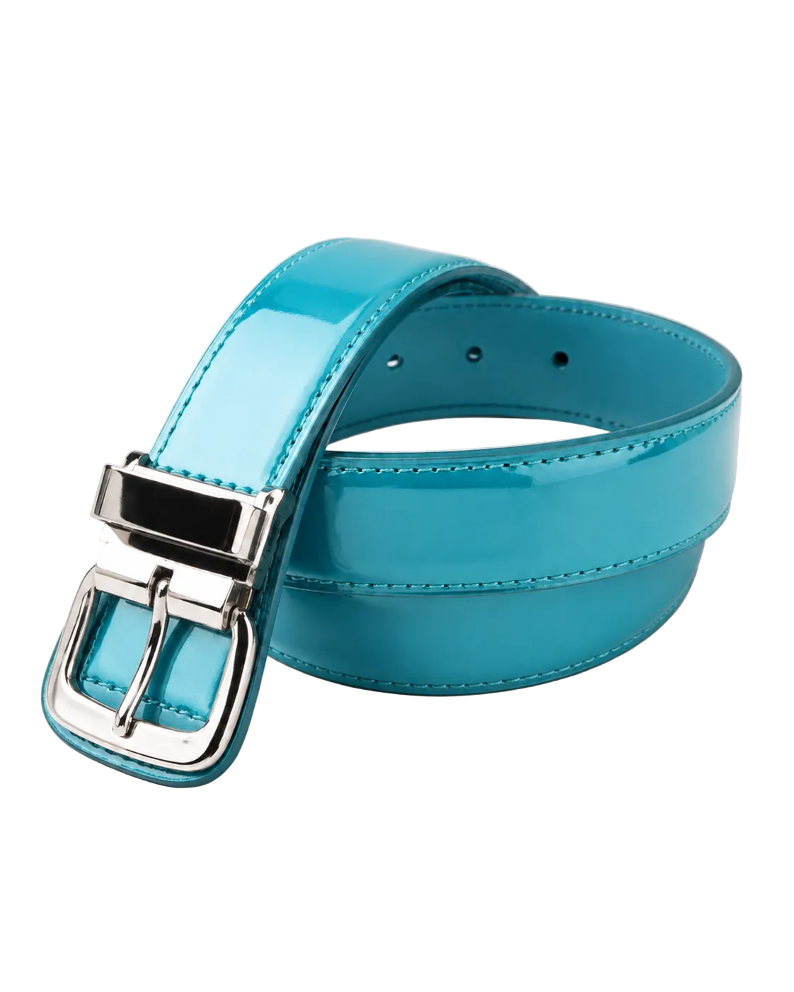 Turquoise belt with a silver buckle on a light gray background