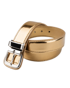 Gold metallic belt with a silver buckle on a light gray background