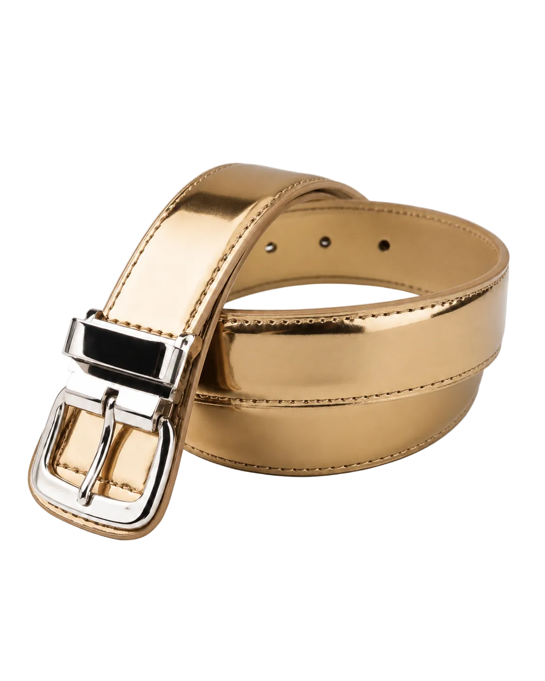Gold metallic belt with a silver buckle on a light gray background