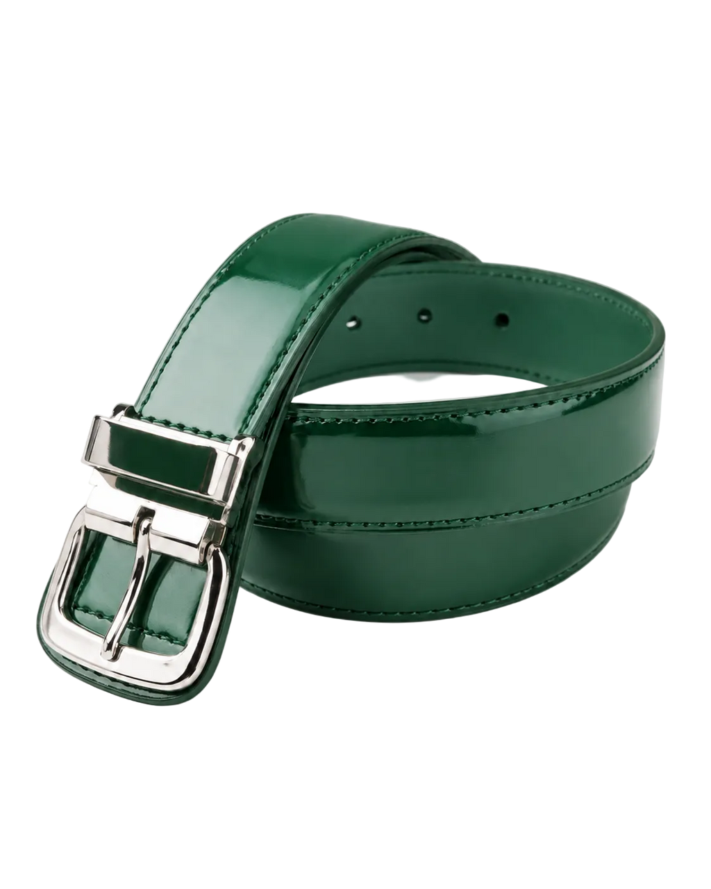Green patent leather belt with silver buckle on a white background