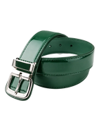Green patent leather belt with silver buckle on a white background