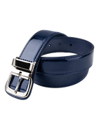 Navy blue belt with a silver buckle on a light gray background