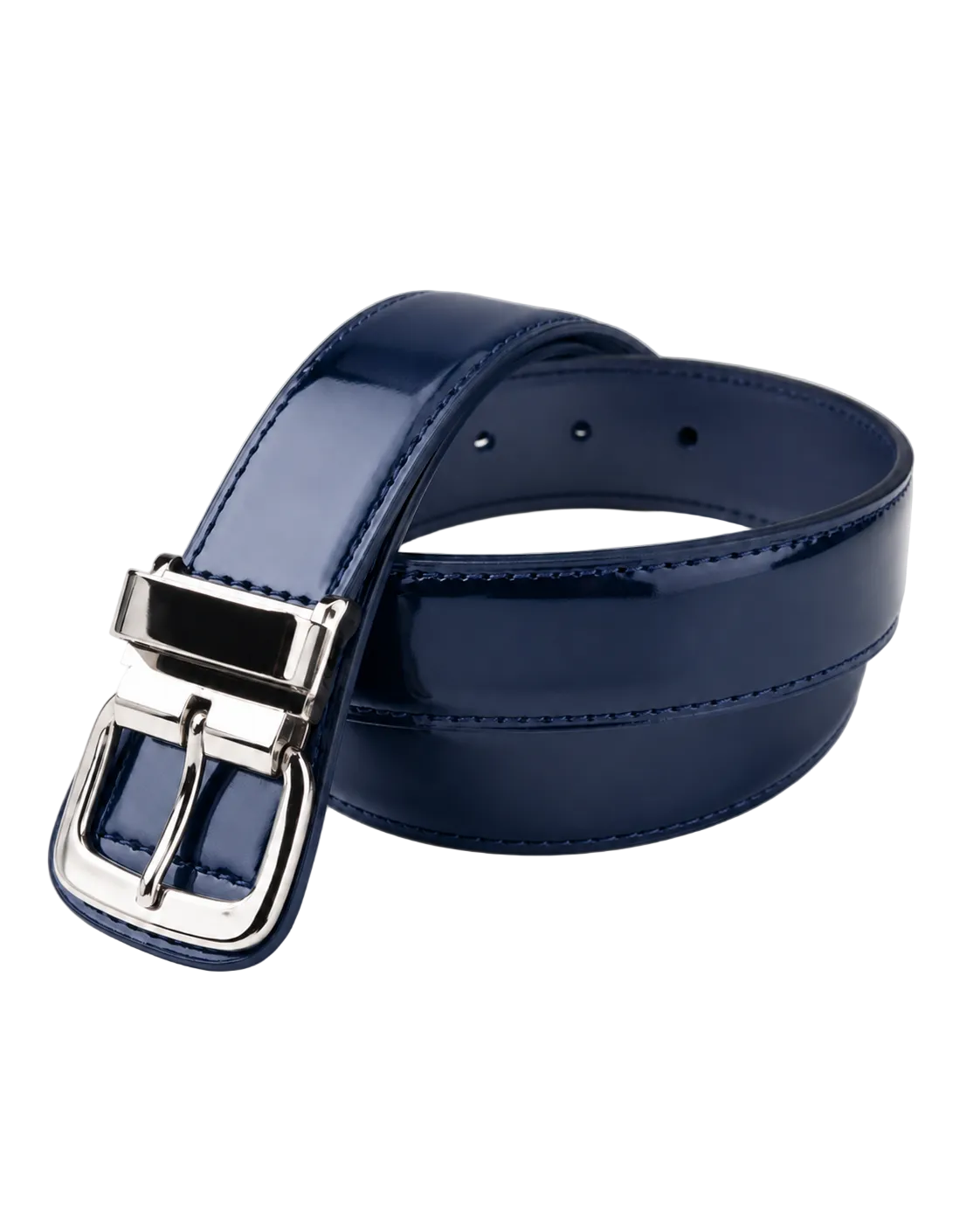 Navy blue belt with a silver buckle on a light gray background