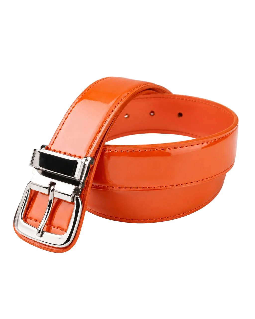 Orange belt with a silver buckle on a light gray background