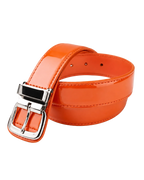 Orange belt with a silver buckle on a light gray background