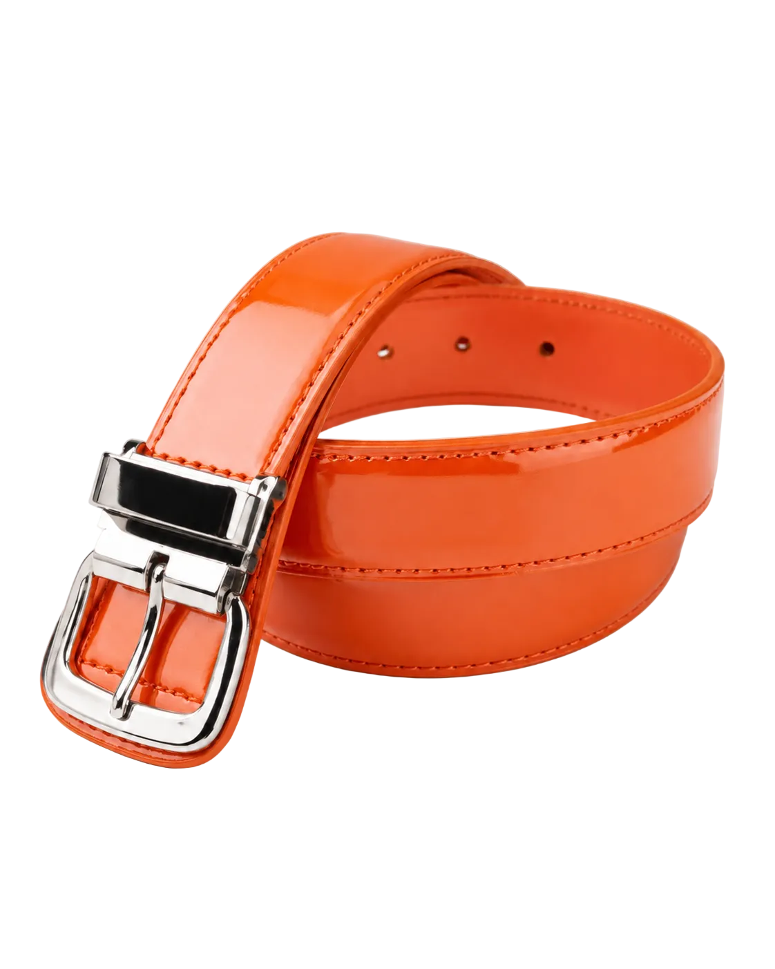 Orange belt with a silver buckle on a light gray background