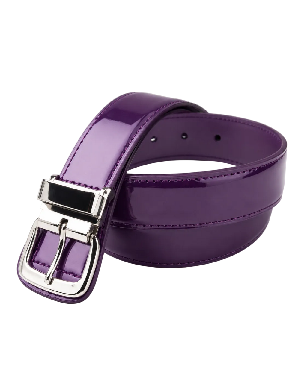 Purple belt with a silver buckle on a white background