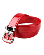Red patent leather belt with a silver buckle on a light gray background