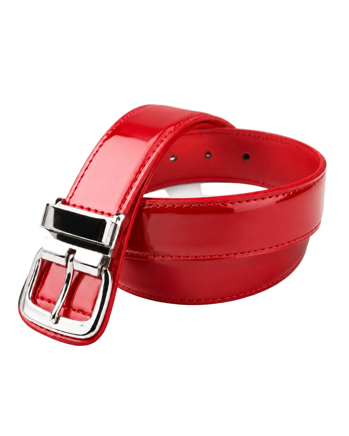 Red patent leather belt with a silver buckle on a light gray background