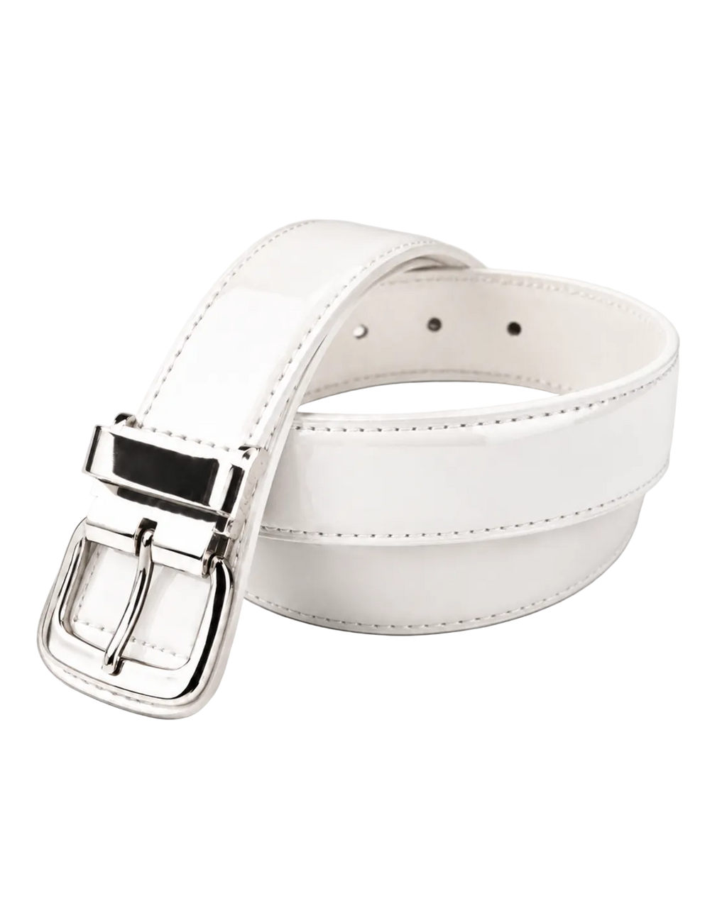 White belt with a silver buckle on a light gray background
