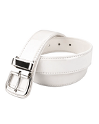 White belt with a silver buckle on a light gray background