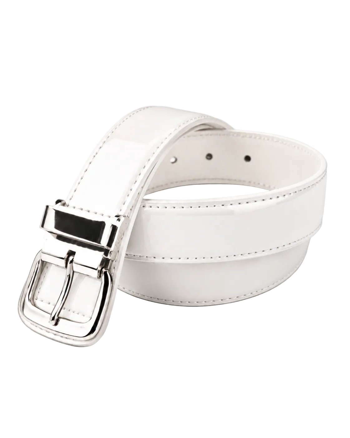 White belt with a silver buckle on a light gray background