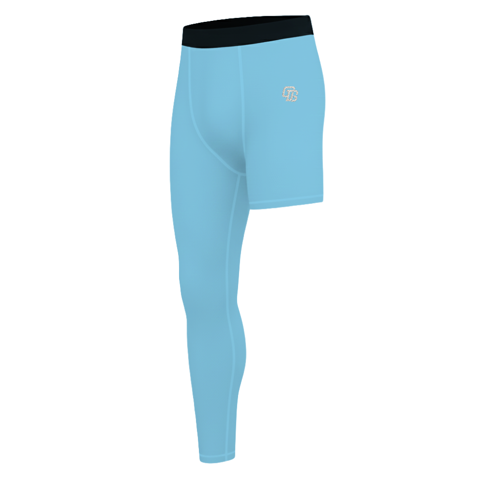 Light blue leggings with black waistband on a white background