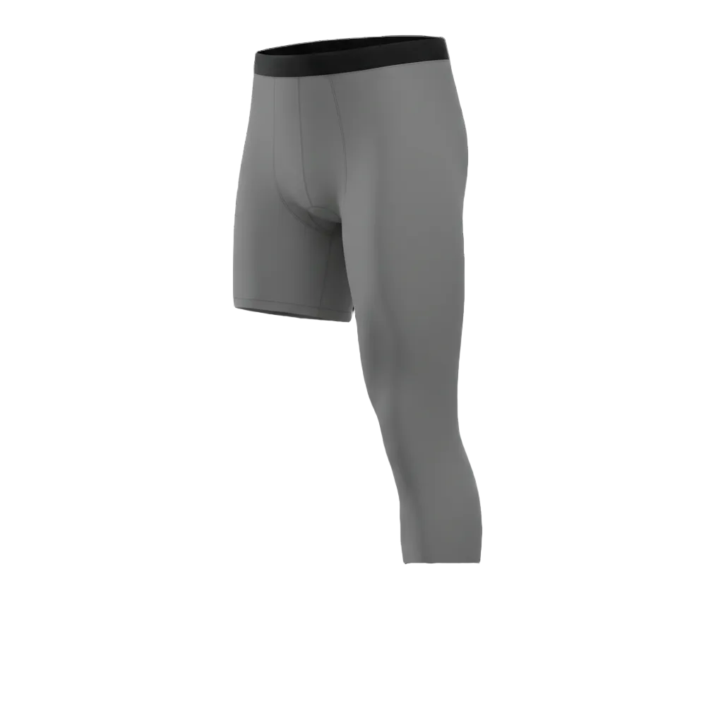 Gray compression shorts with black waistband on a white background